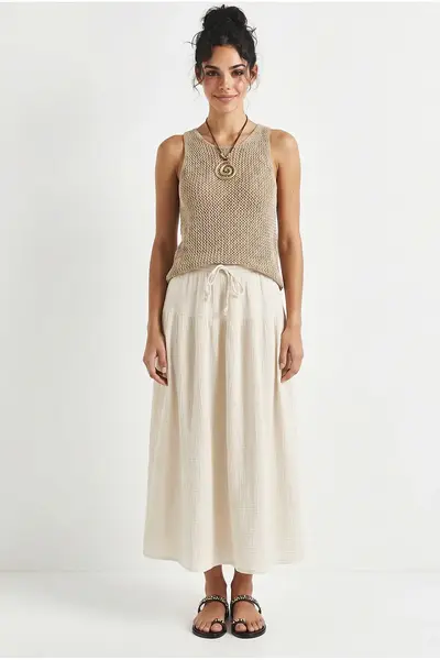 Bianco Lucci Women's Elastic Waist Lace-Up Muslin Midi Skirt YE4473