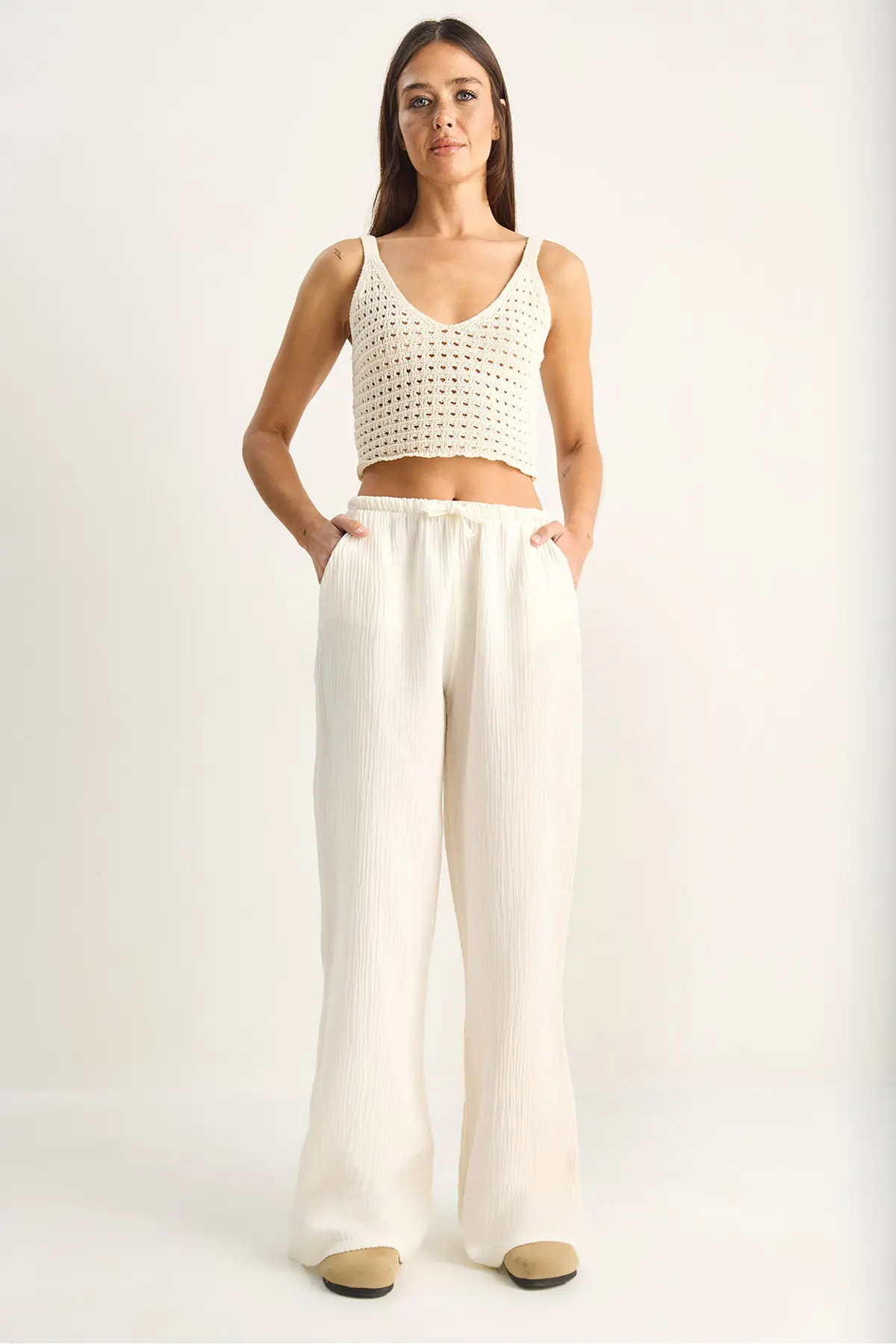 Bianco Lucci Women's Lace-up Elastic Waist Muslin Wide Leg Trousers YP5502