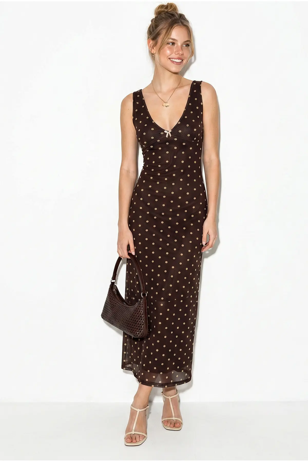 Bianco Lucci Women's V-Neck Lined Polka Dot Tulle Maxi Dress 8004