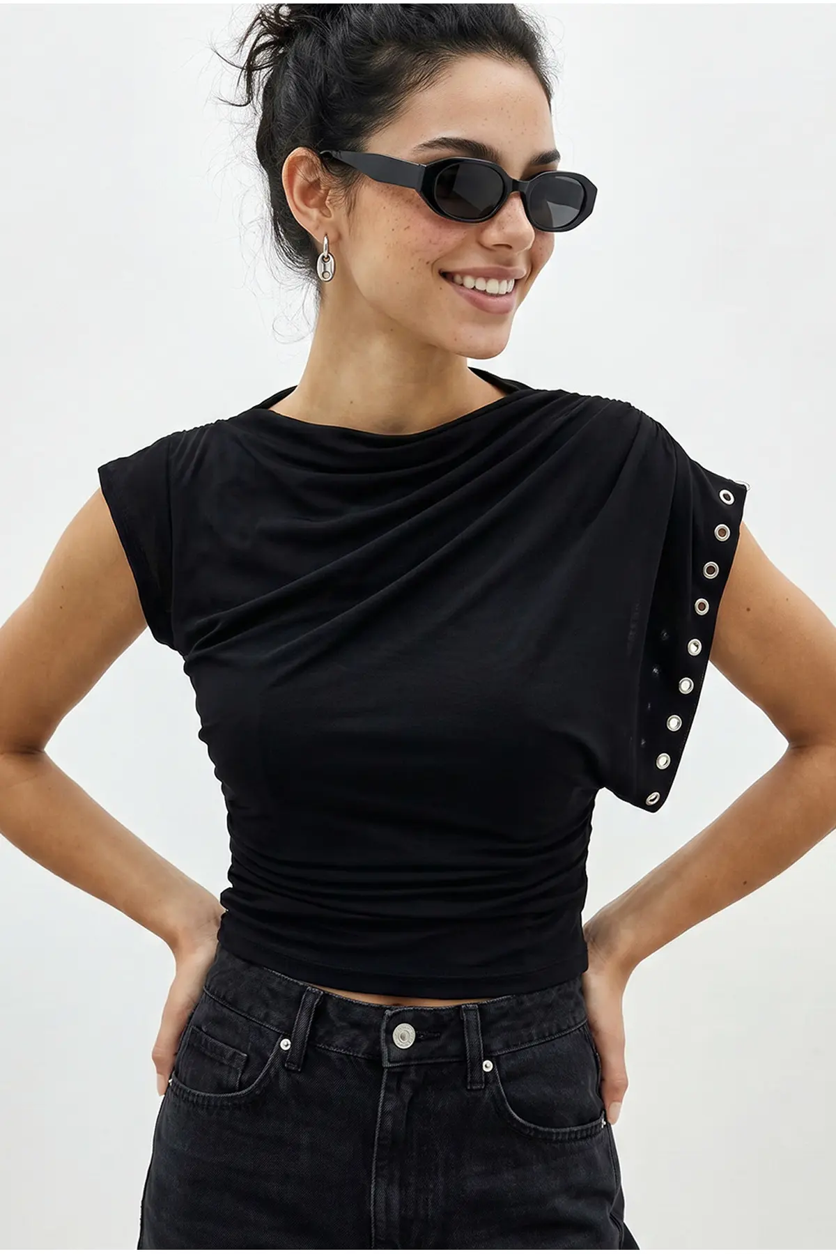 Bianco Lucci Women's Boat Neck Eyelet Studded Side Gathered Waist Draped Blouse 36003
