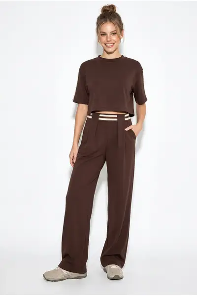 Bianco Lucci Women's Stripe Detailed Crop Blouse High Waist Modal Suit 4136