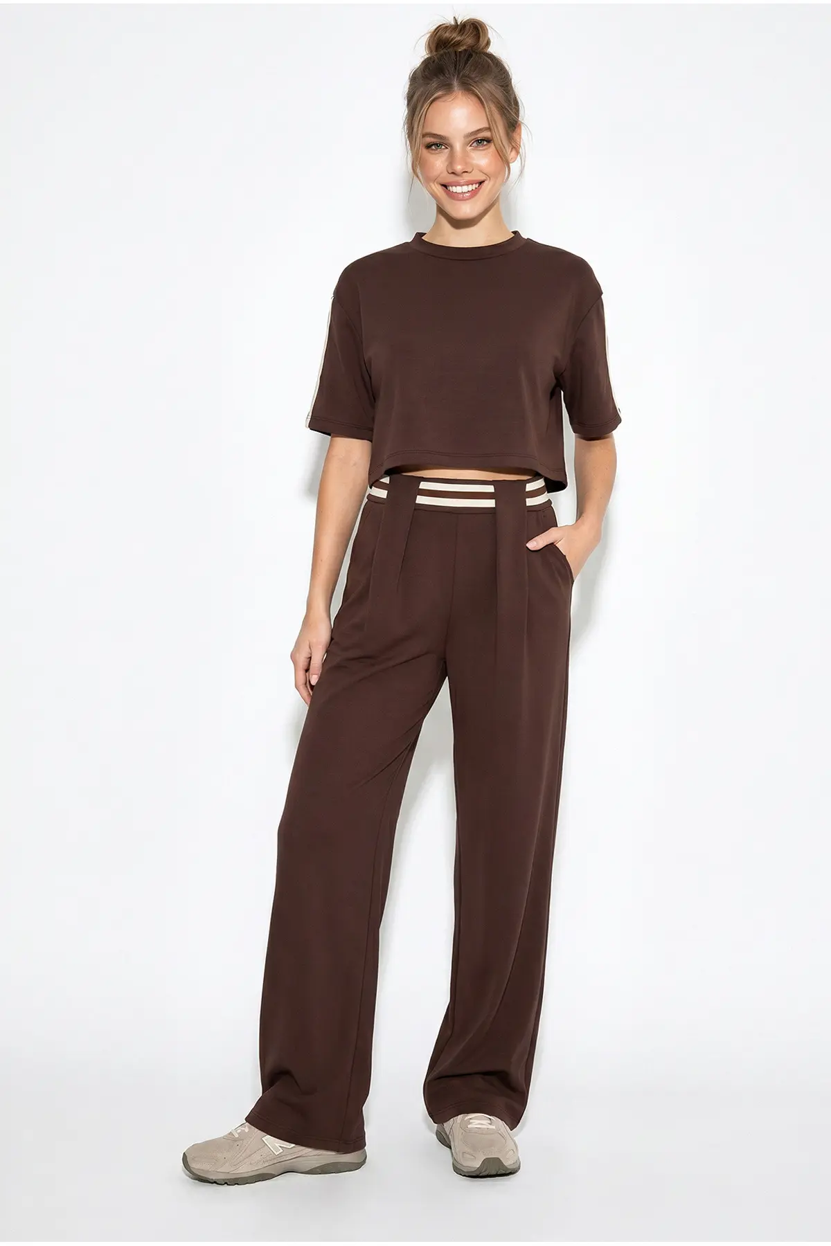Bianco Lucci Women's Stripe Detailed Crop Blouse High Waist Modal Suit 4136