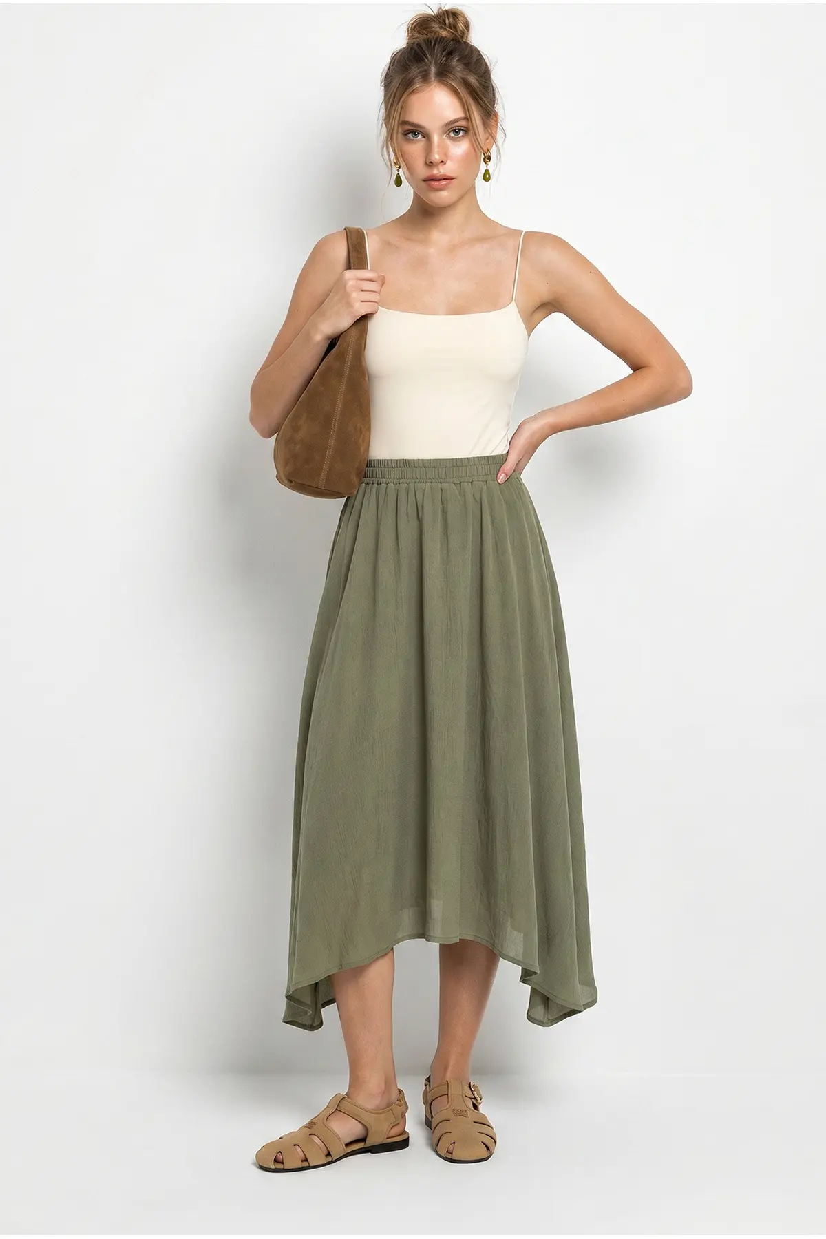 Bianco Lucci Women's 100% Cotton Elastic Waist Lined Asymmetrical Cut Muslin Crinkle Skirt 4761