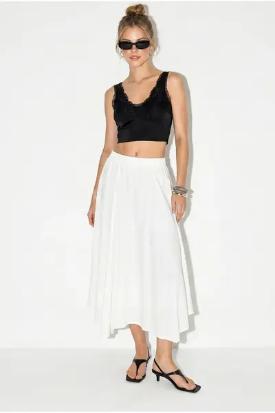 Bianco Lucci Women's 100% Cotton Elastic Waist Lined Asymmetrical Cut Muslin Crinkle Skirt 4761