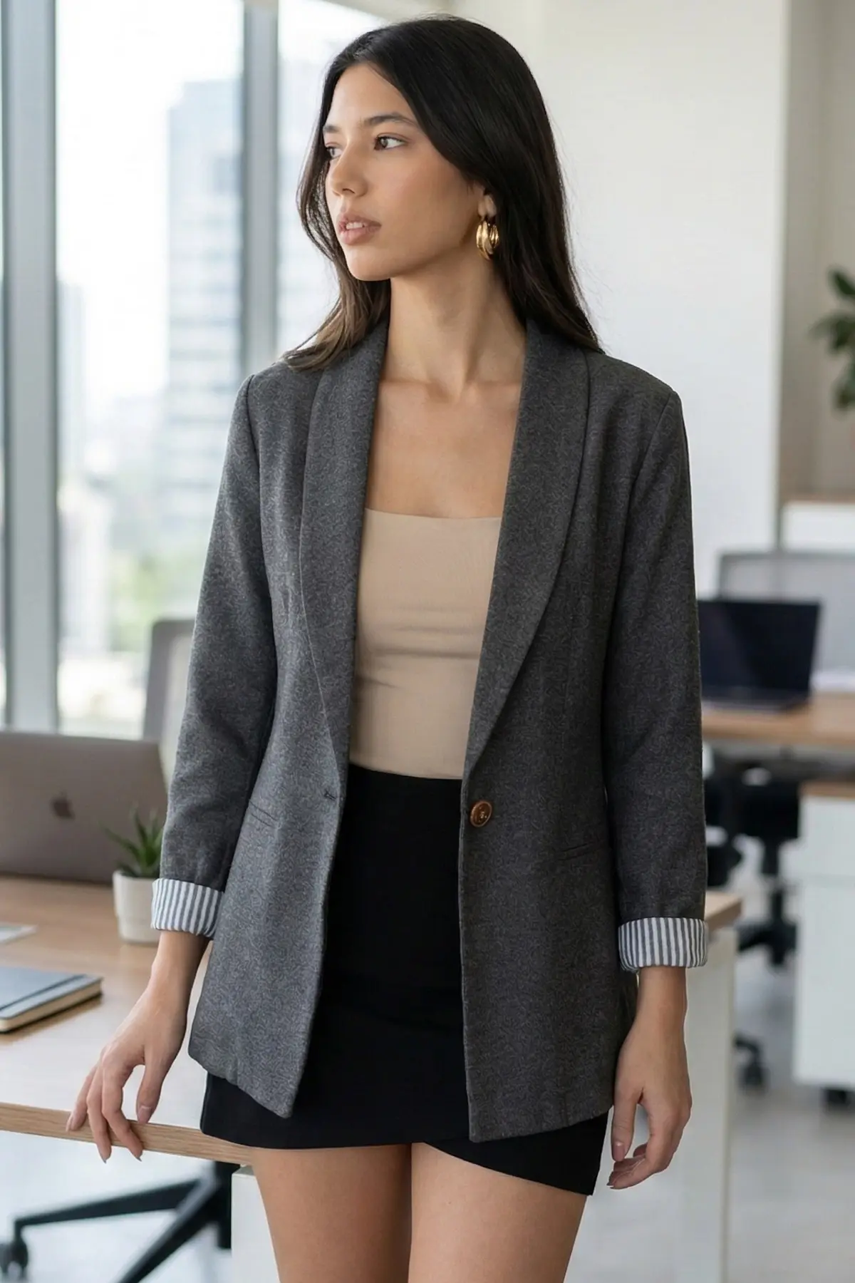 armonika Women's Anthracite Striped Single Button Jacket