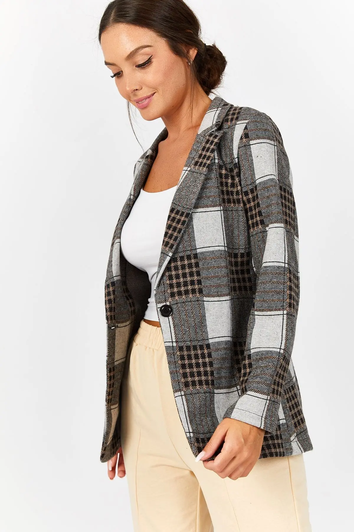 armonika Women's Beige Plaid Pattern Single Button Jacket Arm-