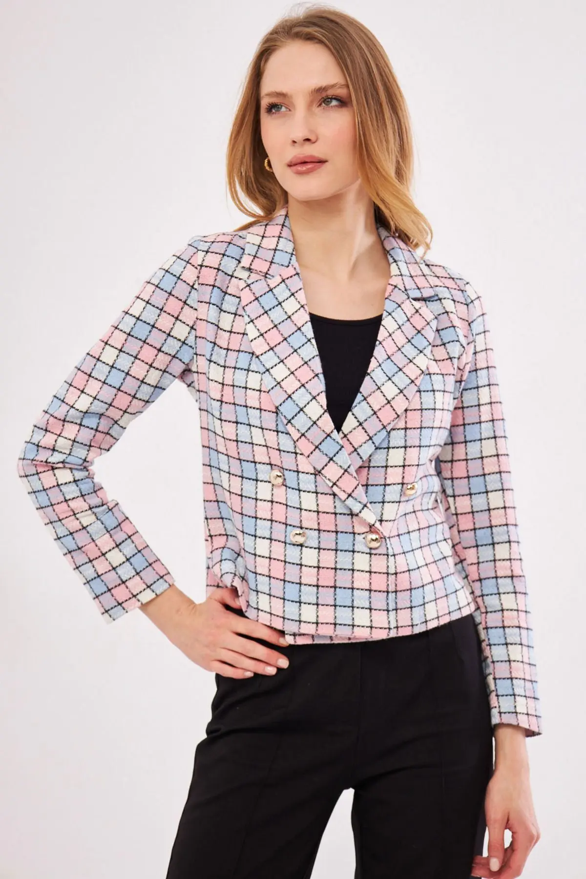 armonika Women's Baby Blue-Powder Double Breasted Collar Tweed Crop Jacket