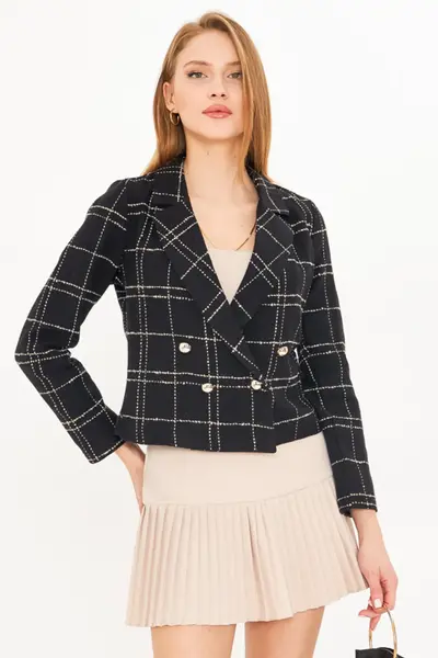 armonika Women's Black-Beige Double Breasted Collar Tweed Crop Jacket