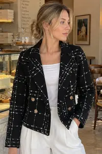 armonika Women's Black Double Breasted Collar Tweed Crop Jacket