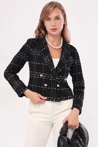 armonika Women's Black Double Breasted Collar Tweed Crop Jacket - Image 3