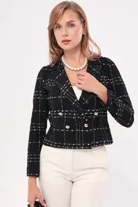armonika Women's Black Double Breasted Collar Tweed Crop Jacket - Image 5