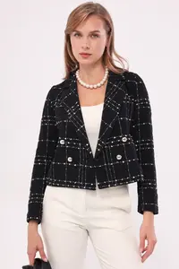 armonika Women's Black Double Breasted Collar Tweed Crop Jacket - Image 6