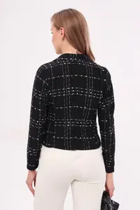 armonika Women's Black Double Breasted Collar Tweed Crop Jacket - Image 7