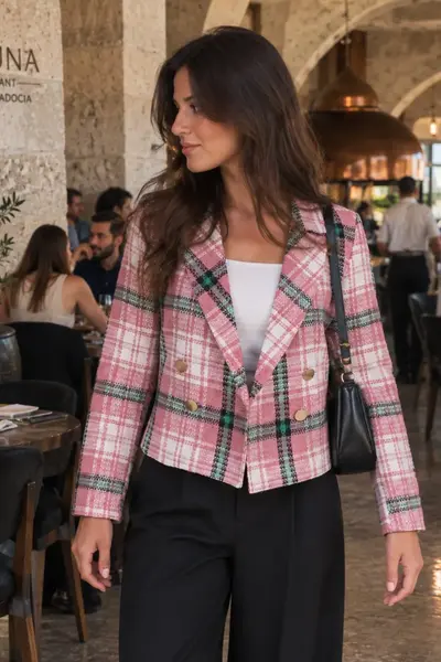 armonika Women's Dusty Rose Double Breasted Collar Tweed Crop Jacket