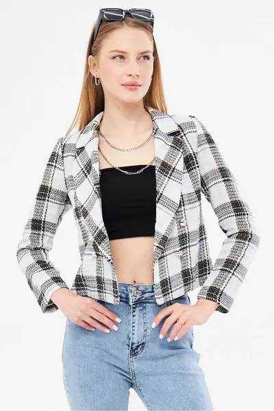 armonika Women's Light Blue Double Breasted Collar Tweed Crop Jacket