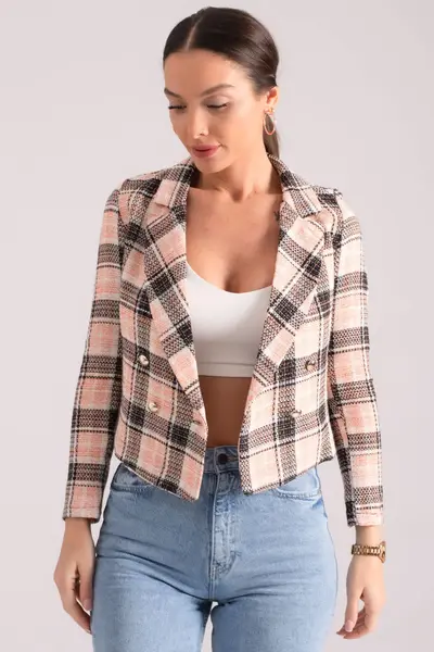 armonika Women's Light Orange Double Breasted Collar Tweed Crop Jacket