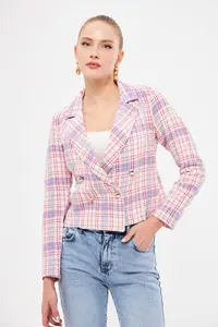 armonika Women's Light Pink Double Breasted Collar Tweed Crop Jacket