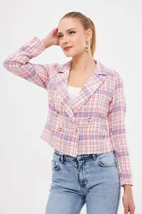 armonika Women's Light Pink Double Breasted Collar Tweed Crop Jacket - Image 2