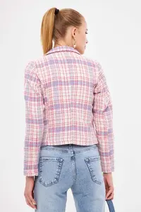 armonika Women's Light Pink Double Breasted Collar Tweed Crop Jacket - Image 4