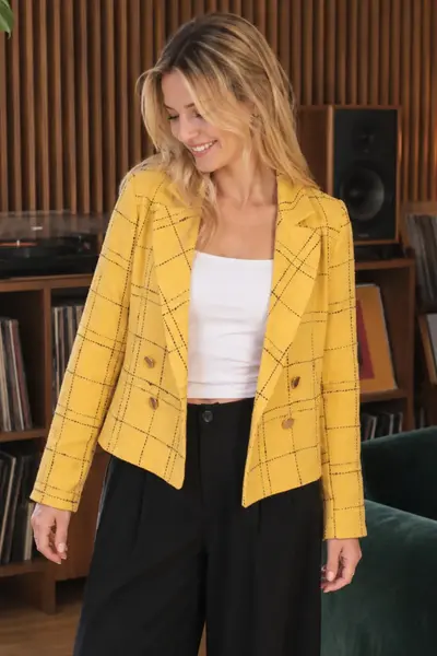 armonika Women's Mustard-Black Double Breasted Collar Tweed Crop Jacket