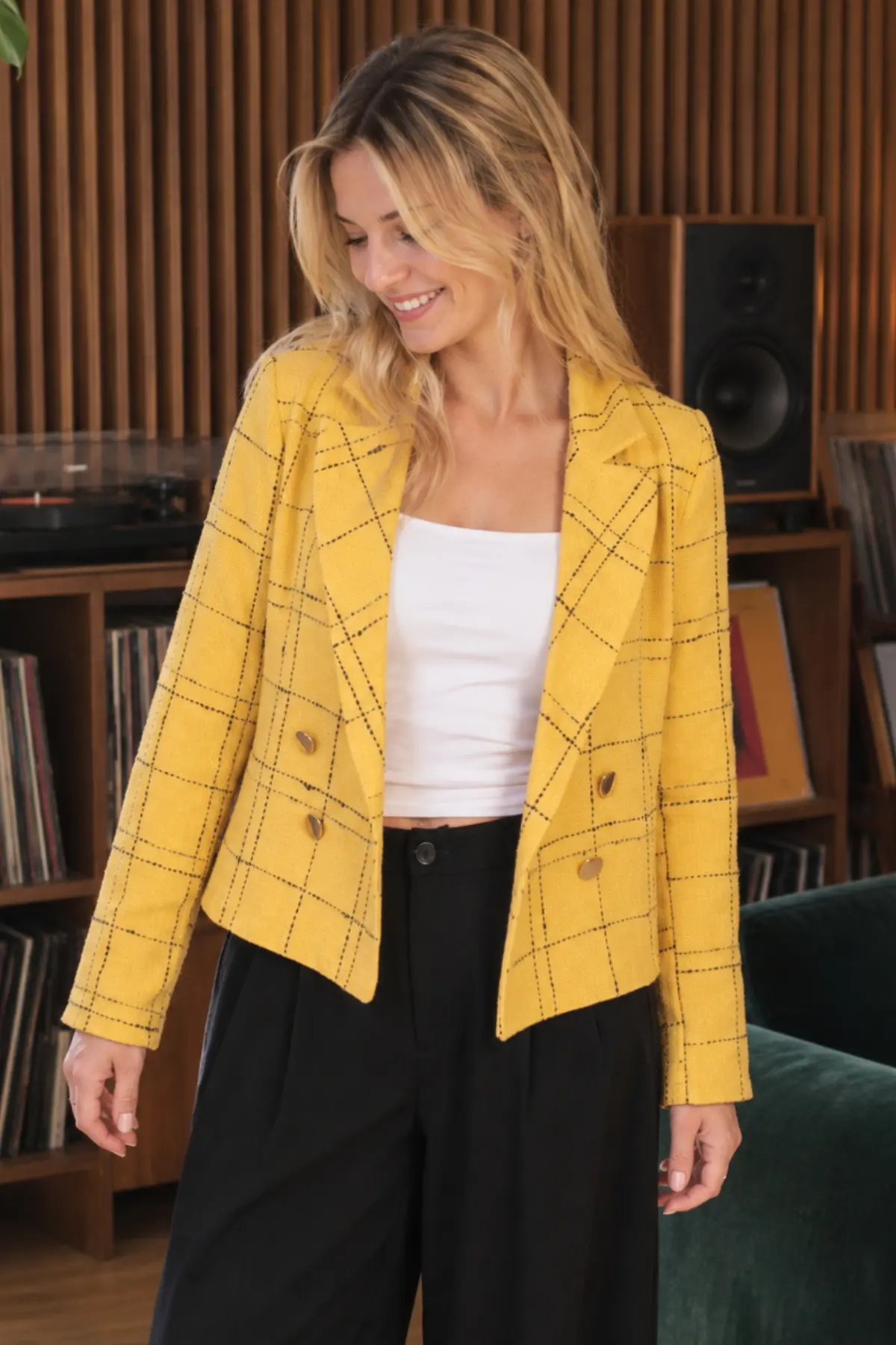 armonika Women's Mustard-Black Double Breasted Collar Tweed Crop Jacket