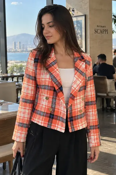 armonika Women's Orange-Black Double Breasted Collar Tweed Crop Jacket