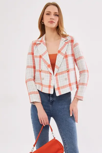 armonika Women's Orange-Blue Double Breasted Collar Tweed Crop Jacket