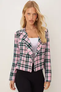 armonika Women's Pink-Green Double Breasted Collar Tweed Crop Jacket