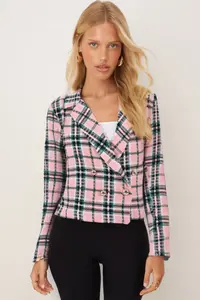 armonika Women's Pink-Green Double Breasted Collar Tweed Crop Jacket - Image 2