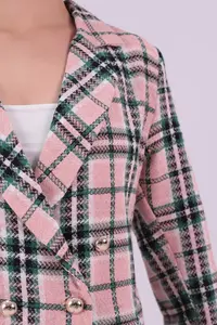 armonika Women's Pink-Green Double Breasted Collar Tweed Crop Jacket - Image 3