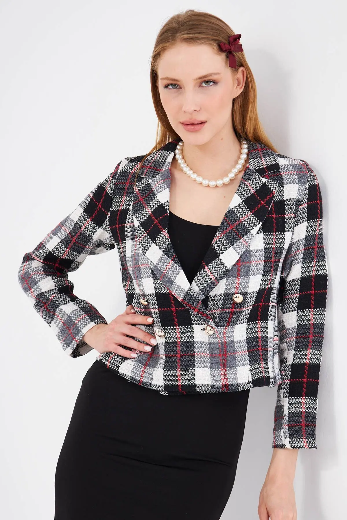 armonika Women's Red-Black Double Breasted Collar Tweed Crop Jacket