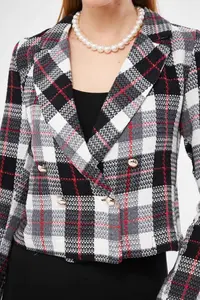 armonika Women's Red-Black Double Breasted Collar Tweed Crop Jacket - Image 2