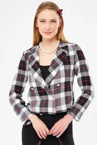 armonika Women's Red-Black Double Breasted Collar Tweed Crop Jacket - Image 3