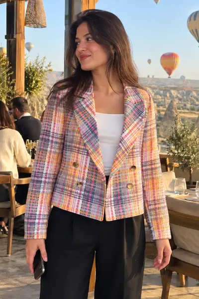 armonika Women's Yellow-Fuchsia Double Breasted Collar Tweed Crop Jacket