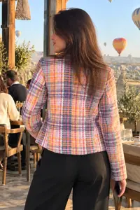armonika Women's Yellow-Fuchsia Double Breasted Collar Tweed Crop Jacket - Image 2
