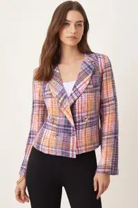 armonika Women's Yellow-Fuchsia Double Breasted Collar Tweed Crop Jacket - Image 3