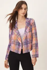 armonika Women's Yellow-Fuchsia Double Breasted Collar Tweed Crop Jacket - Image 4
