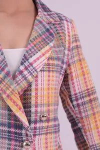 armonika Women's Yellow-Fuchsia Double Breasted Collar Tweed Crop Jacket - Image 5