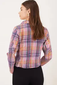 armonika Women's Yellow-Fuchsia Double Breasted Collar Tweed Crop Jacket - Image 6