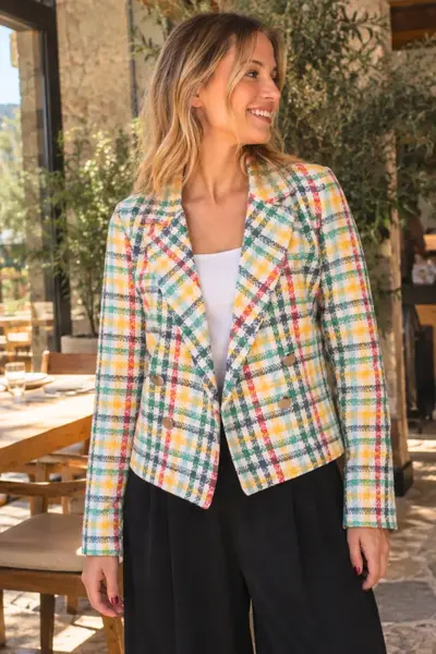 armonika Women's Yellow-Red Double Breasted Collar Tweed Crop Jacket