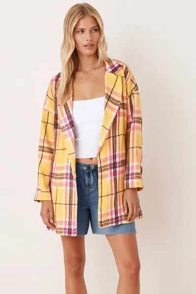 armonika Women's Mustard Men's Collar Side Slits Oversize Jacket