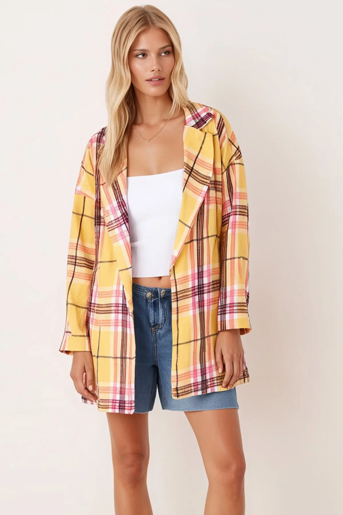 armonika Women's Mustard Men's Collar Side Slits Oversize Jacket