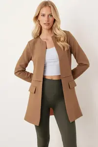armonika Women's Light Brown Long Jacket with Stitched Waist - Image 2