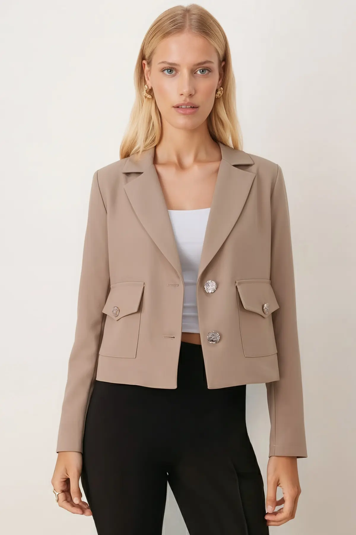 armonika Women's Mink Men's Collar Square Pocket Lined Crop Jacket