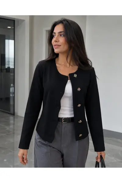 armonika Women's Black Asymmetrical Button-Up Fitted Jacket