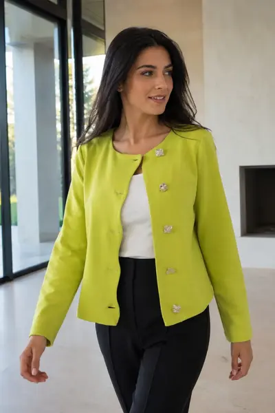 armonika Women's Pistachio Green Asymmetrical Button-Up Fitted Jacket