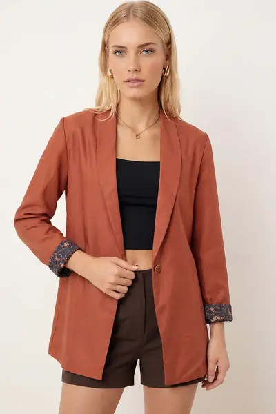 armonika Women's Tile Sleeve Leopard Patterned Single Button Jacket