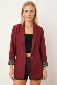 armonika Women's Burgundy Single Button Jacket with Leopard Pattern on the Sleeve