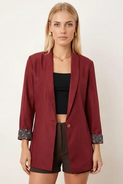 armonika Women's Burgundy Single Button Jacket with Leopard Pattern on the Sleeve