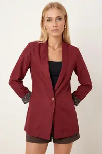 armonika Women's Burgundy Single Button Jacket with Leopard Pattern on the Sleeve - Image 2